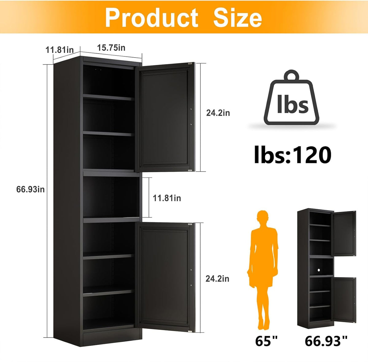 Tall Narrow Storage Cabinet 66.93" H Tall Bathroom Cabinet Metal Pantry Cabinets, 4 Adjustable