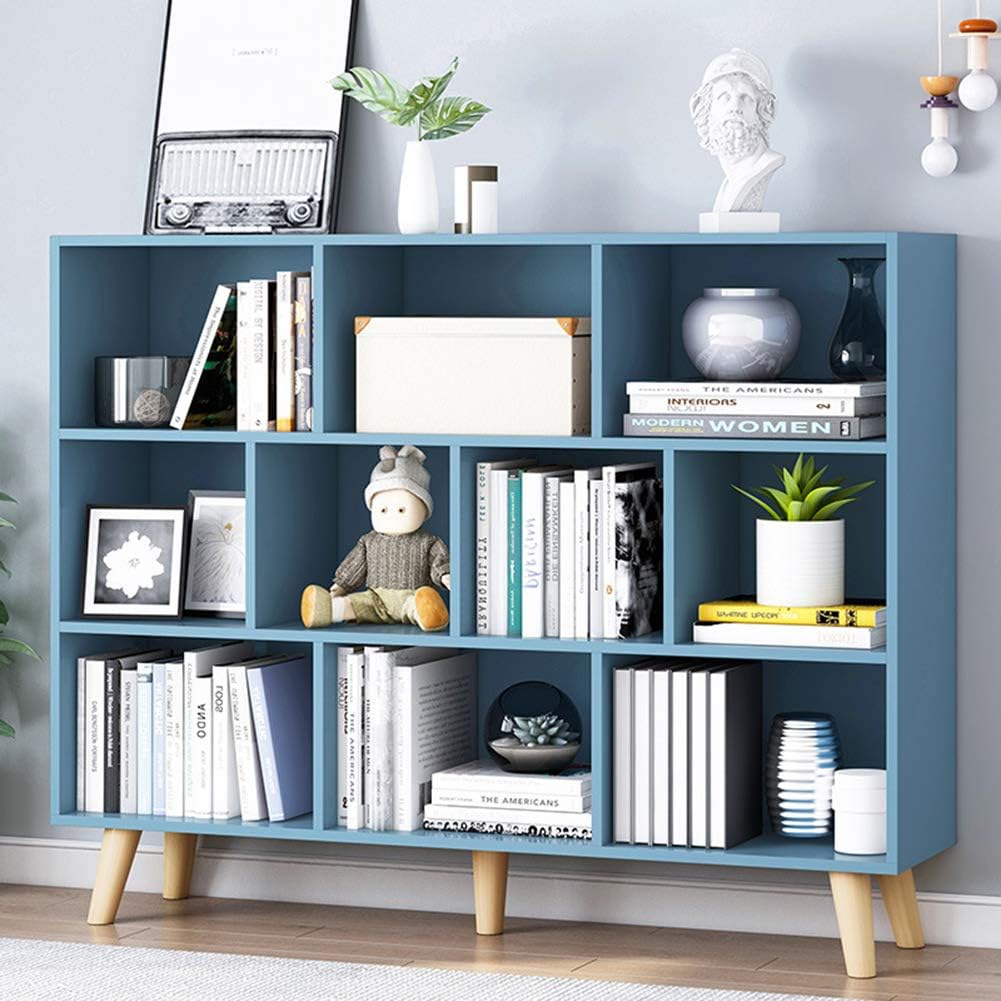 IOTXY Wooden Open Shelf Bookcase - 3-Tier Floor Standing Display Cabinet Rack with Legs, 10 Cubes