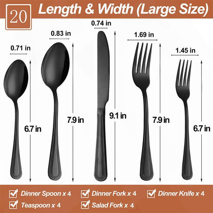 20 Pcs Black Silverware Set for 4 with Pearled Edge Handle design, Food Grade Stainless Steel