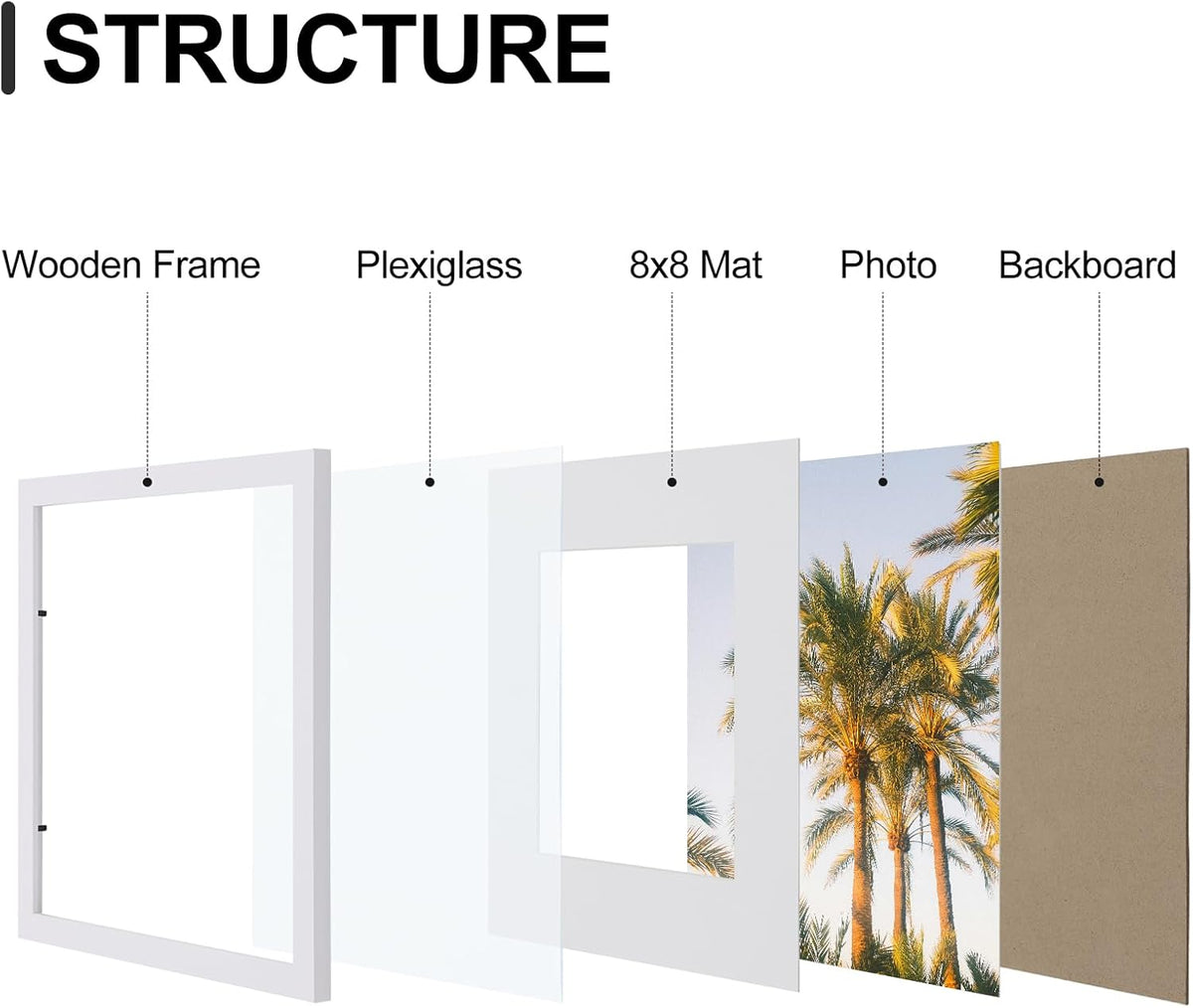 Vittanly 12x12 Picture Frames Set of 9, Shatter Resistant Plexiglass, Display 8x8 Pictures with Mat