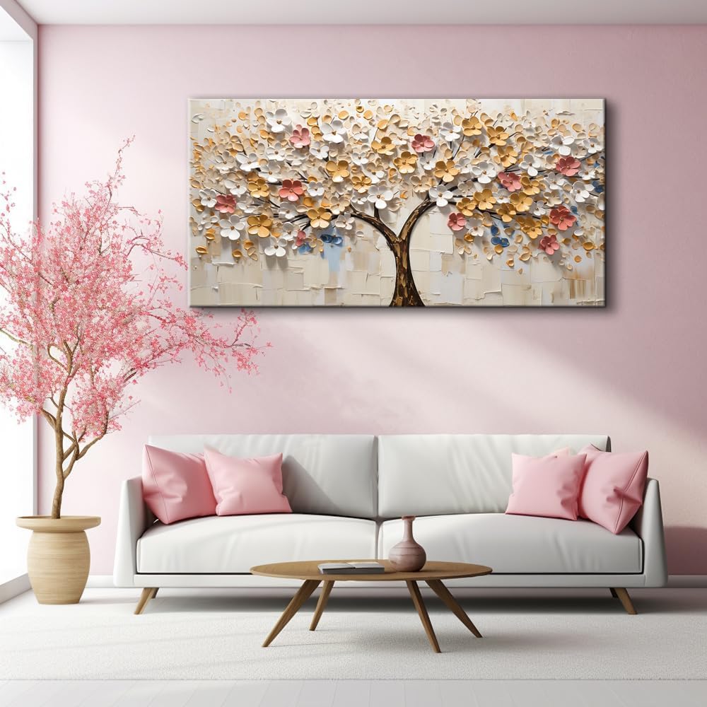 LASMOND Abstract Wall Art Teal Nature Tree of Life Canvas Painting Picture, Modern Large Panoramic