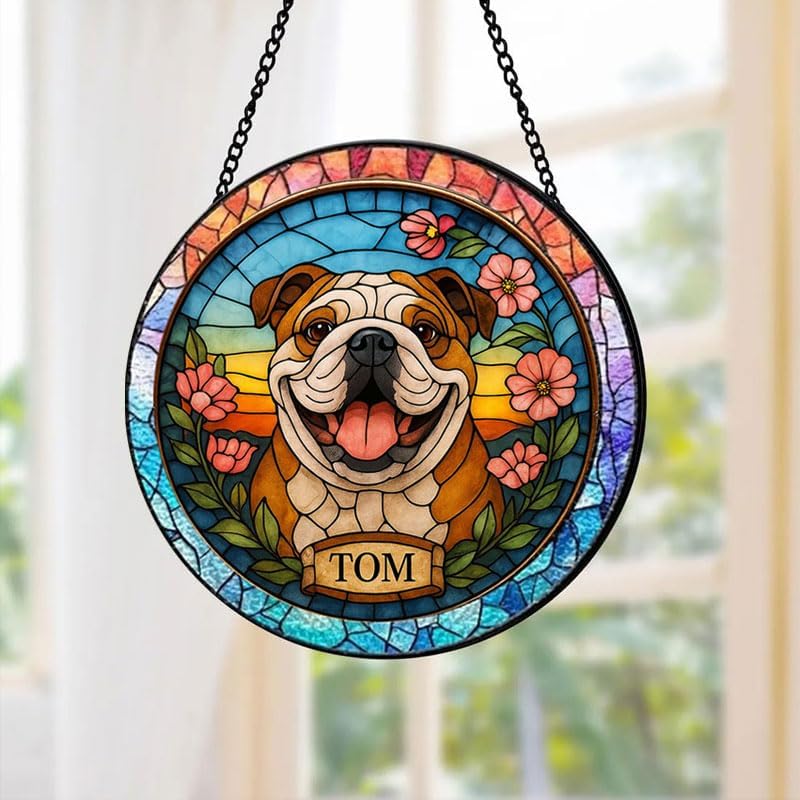 Custom Stained Glass with Pet Portrait & Name, Personalized Window Hanging, Pet Loss Memorial Gift