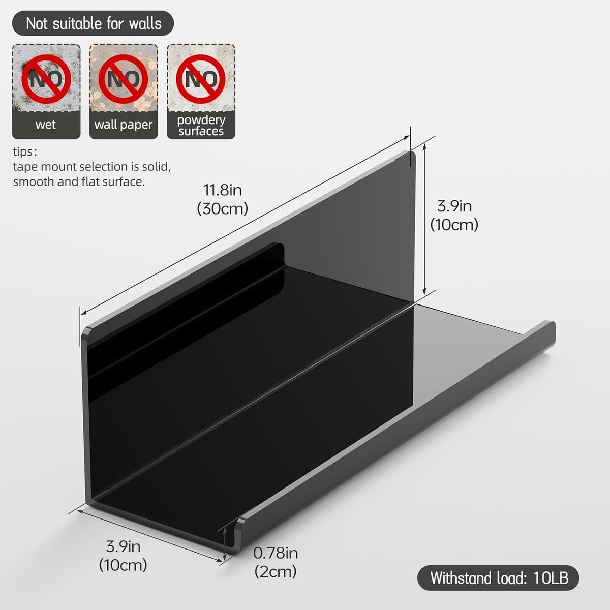 Acrylic Floating Shelves for Wall No Drilling, Self Adhesive Space-Saving Shelves, 12 Inch Floating