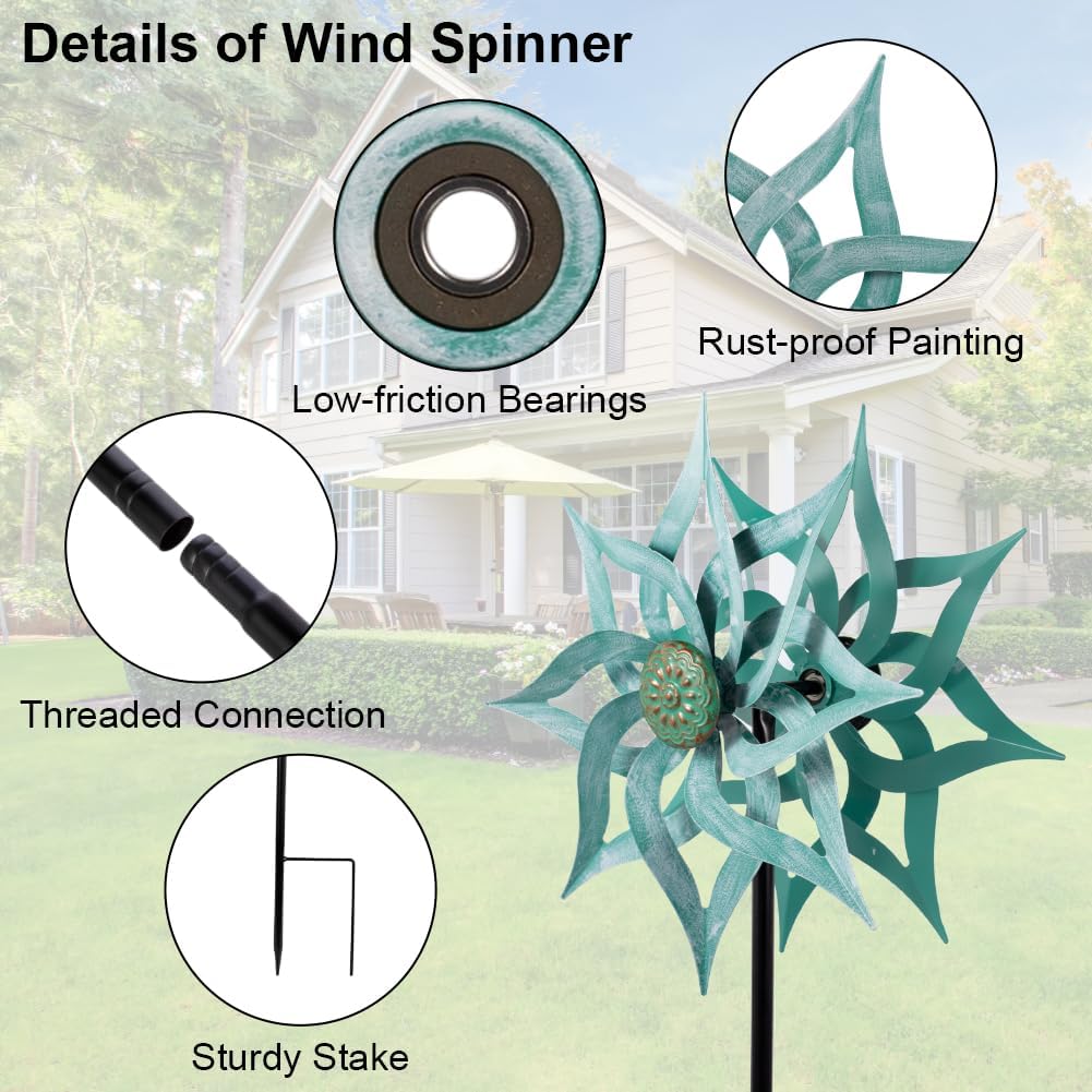 Viveta Metal Wind Spinners,53.5" Kinetic Wind Sculptures,Green Garden Pinwheels Double Layer