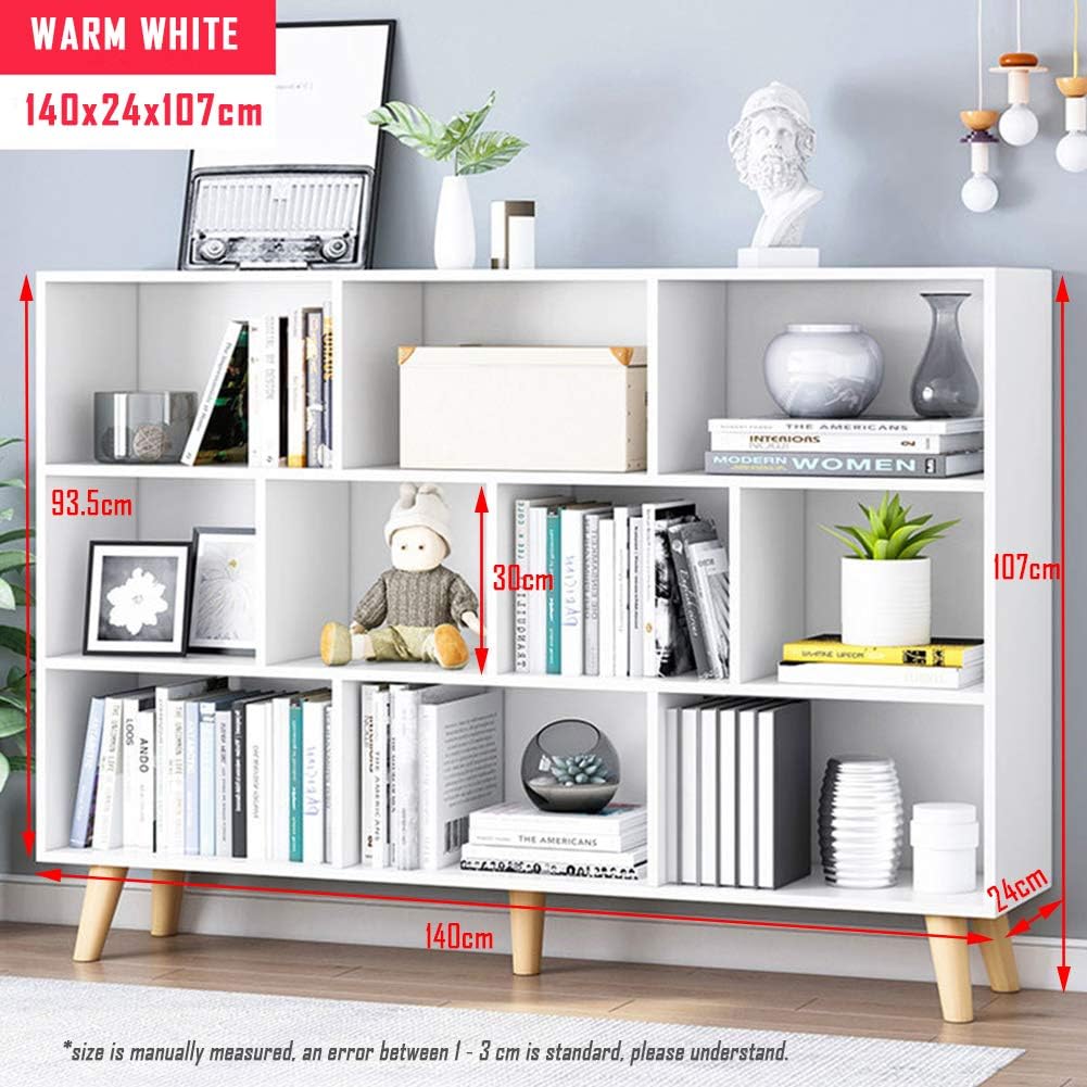IOTXY Wooden Open Shelf Bookcase - 3-Tier Floor Standing Display Cabinet Rack with Legs, 10 Cubes