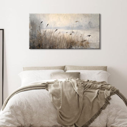 LASMOND Vintage Meadow Wall Art for Living Room Reed Grass Canvas Painting Prints Large Retro