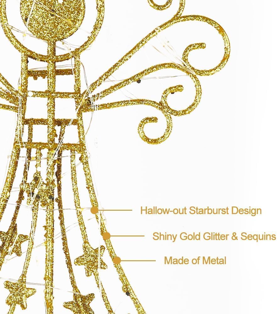 hogardeck Christmas Tree Topper, Glittered Gold Angel Tree Topper for Christmas Treetop, 30 LED