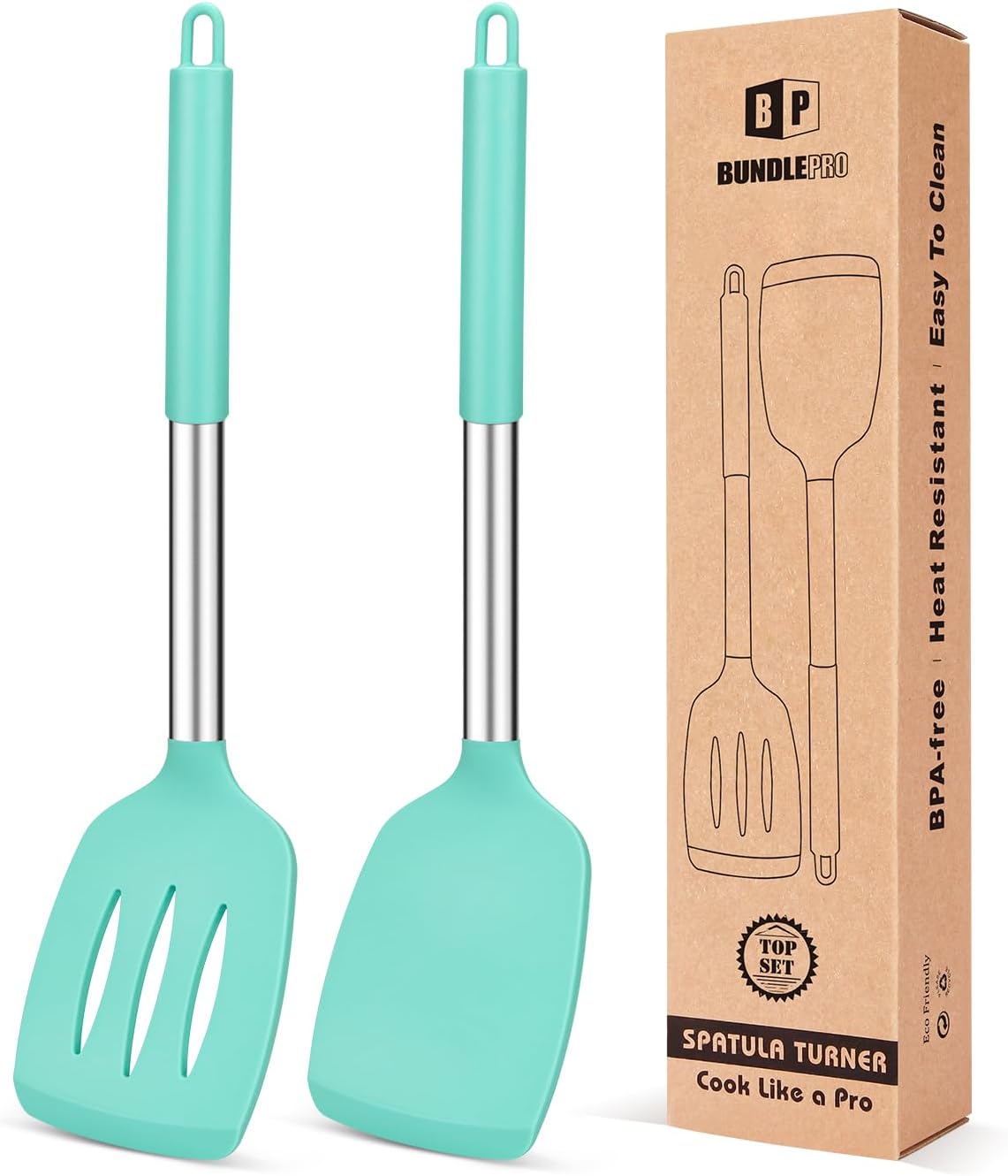 Pack of 2 Silicone Solid Turner, Non Stick Slotted Kitchen Spatulas, High Heat Resistant BPA Free
