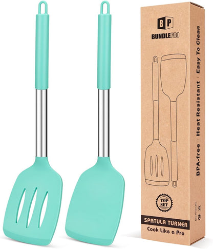 Pack of 2 Silicone Solid Turner, Non Stick Slotted Kitchen Spatulas, High Heat Resistant BPA Free