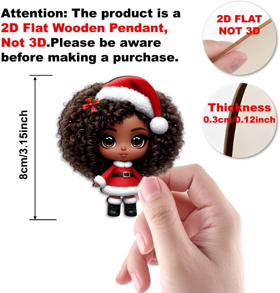 16pcs African American Black Chibi Girl Ornaments - Xmas/Christmas Wooden Decor, Gift Boxed for New