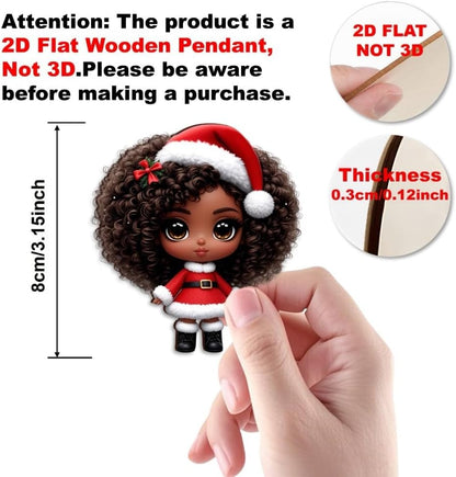 16pcs African American Black Chibi Girl Ornaments - Xmas/Christmas Wooden Decor, Gift Boxed for New