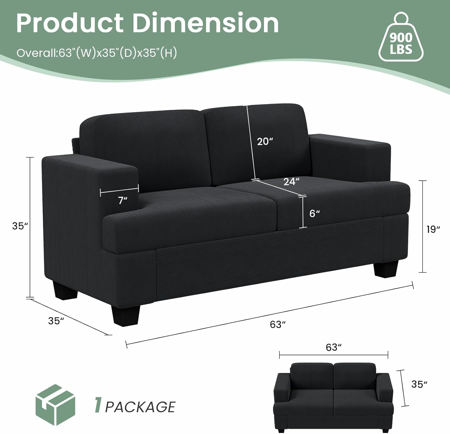 3 Pieces Corduroy Couch Set for Living Room, 7 Seats Cloud Sofa, Deep Seat Floor Couch for Bedroom