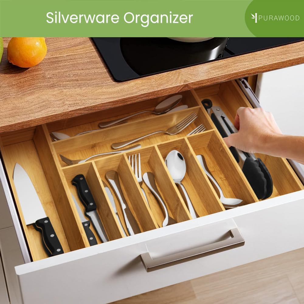 Purawood Bamboo Drawer Organizer - Expandable Silverware Organizer & Utensil Drawer Organizer
