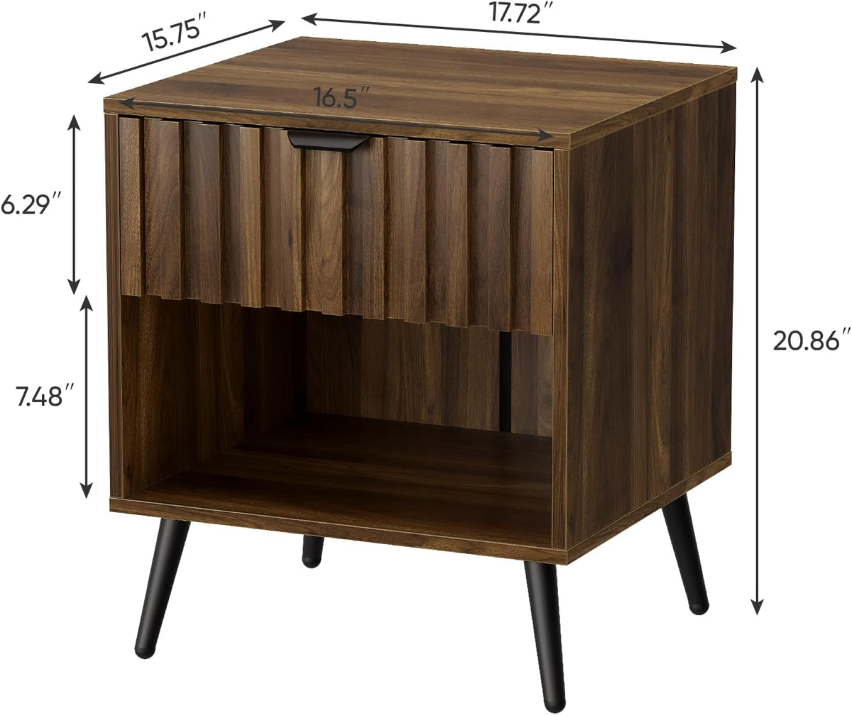 Smuxee Walnut Wooden Night Stand, Mid Century Nightstand with Fluted Drawer, Bedside Table with