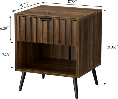 Smuxee Walnut Wooden Night Stand, Mid Century Nightstand with Fluted Drawer, Bedside Table with