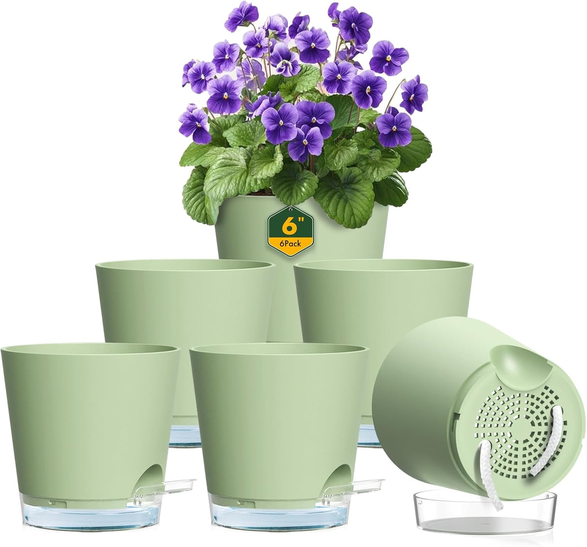 6 inch Self Watering Pots for Indoor Outdoor Plants, 6 Pack Flower Plant Pots with Drainage Holes