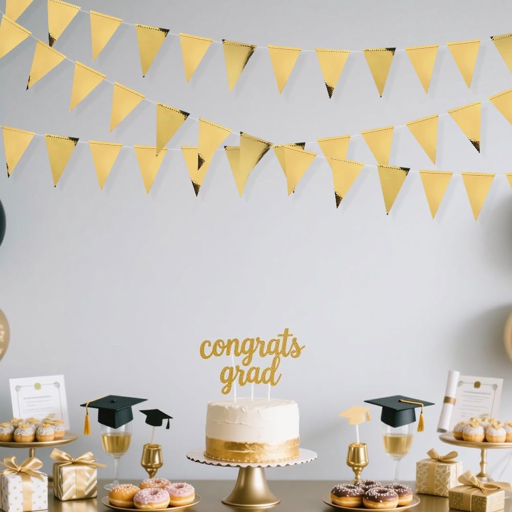 40Ft Gold Party Decoration Triangle Flag Banner Double Sided Metallic Paper Pennant Bunting Garland