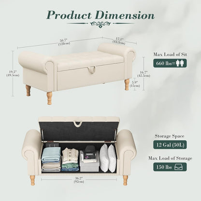 Apicizon 51”Storage Ottoman Bench, Soft Faux Leather Indoor Bench with Rolled Arm and Vintage