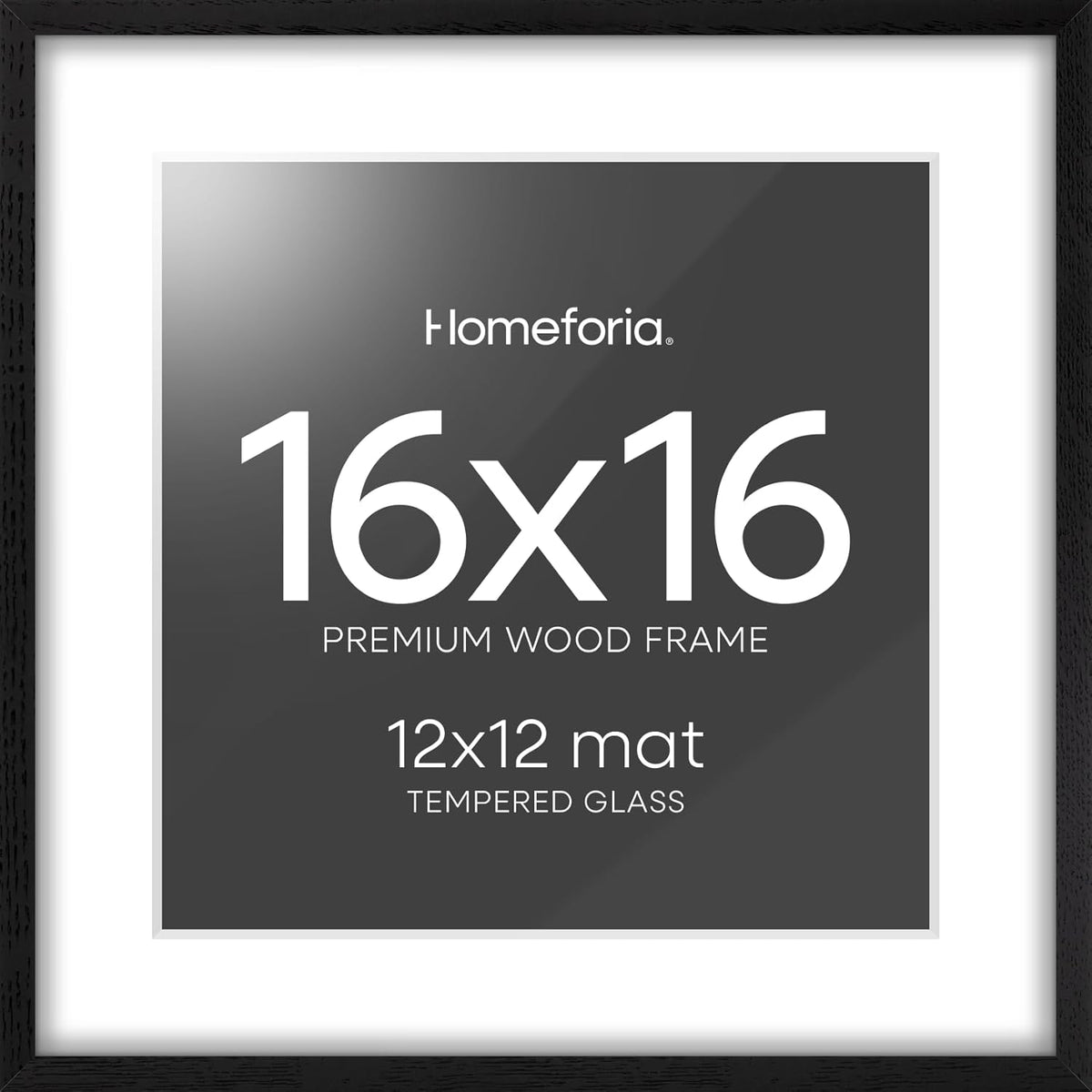 Homeforia 16x16 Black Wood Frame, High End Oak 16 x 16 Square Picture Frames with Mat 12 by 12