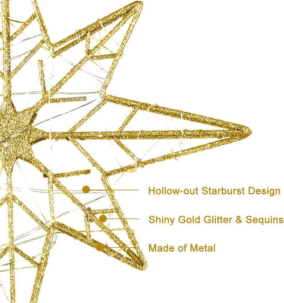 hogardeck Christmas Tree Topper, 11 Inches Lighted Gold Glittered 8-Point Star Tree Topper, 30 LED
