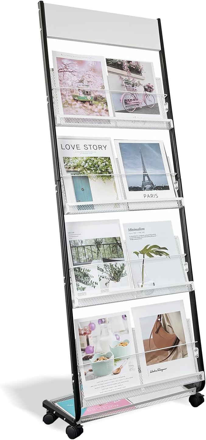 4-Tier Floor-Standing Magazine Rack with Wheels – Perfect Brochure Display Stand for Exhibitions