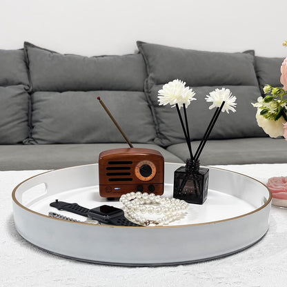 13" Round Decorative Tray, White Serving Tray with Handles, Plastic Coffee Table Tray for Ottoman