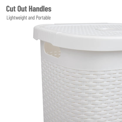 Mind Reader Slim Laundry Hamper with Lid, 50L Clothes Basket, Premium Wicker Design, Plastic, White
