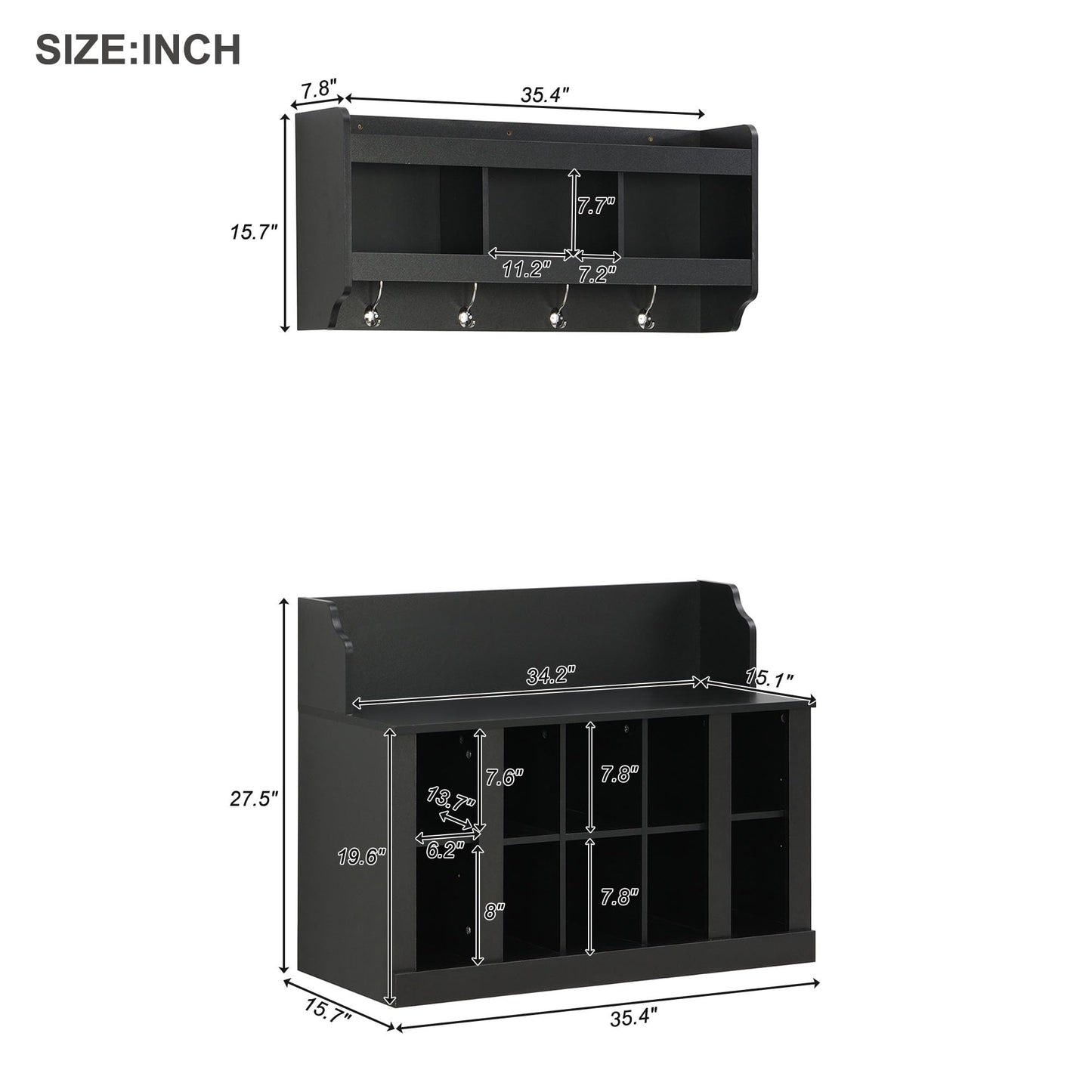 Shoe Storage Bench with Shelves and 4 Hooks, Entryway Hall Tree with Shoe Cabinets with Coat Rack