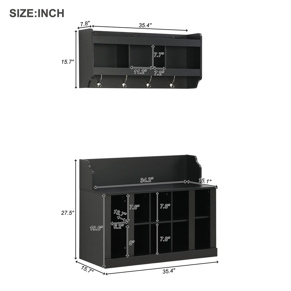 Shoe Storage Bench with Shelves and 4 Hooks, Entryway Hall Tree with Shoe Cabinets with Coat Rack