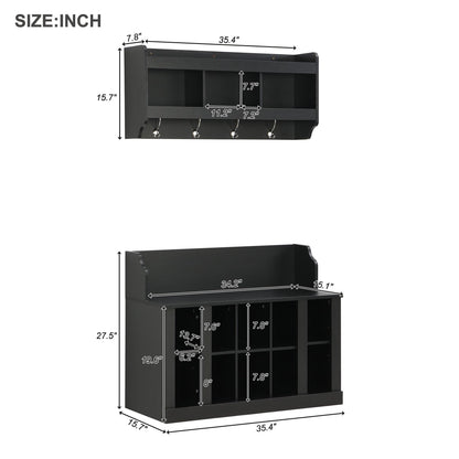 Shoe Storage Bench with Shelves and 4 Hooks, Entryway Hall Tree with Shoe Cabinets with Coat Rack