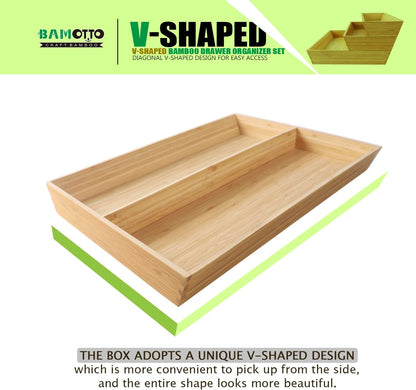 V-Shaped Bamboo Drawer Organizer Set of 3, Kitchen Large and Long Utensil Plate, Flatware &