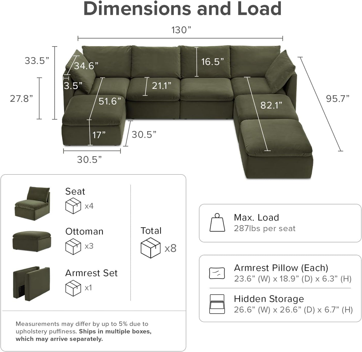 mopio Oversized Modular Sectional Sofa with Fully Removable Covers and Storage, Convertible U