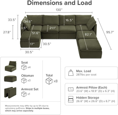 mopio Oversized Modular Sectional Sofa with Fully Removable Covers and Storage, Convertible U
