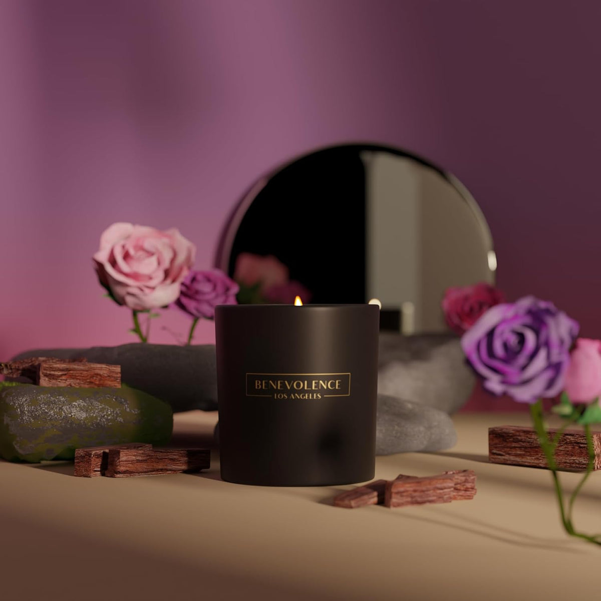Benevolence LA Clearance Candles Rose & Sandalwood Scented Candle | Soy Candles, Black Candle for