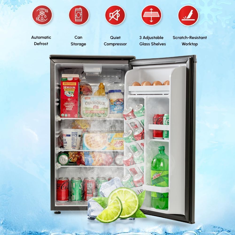 E-Star 3.3 Cu Ft Mini Fridge without Freezer - AUTO DEFROST, Reversible Single Door, Glass Shelf