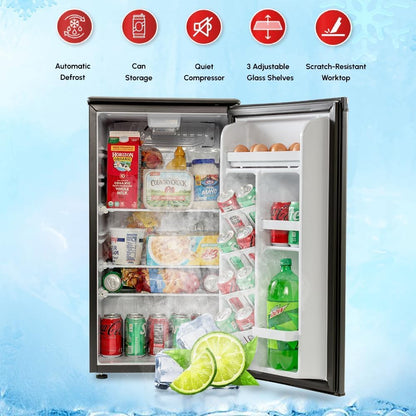 E-Star 3.3 Cu Ft Mini Fridge without Freezer - AUTO DEFROST, Reversible Single Door, Glass Shelf