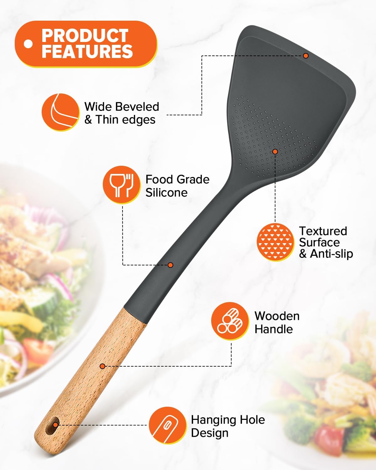 Silicone Cooking Utensils Set, Perfectly Angled for Frying, Mixing,Serving,Draining,Turning and