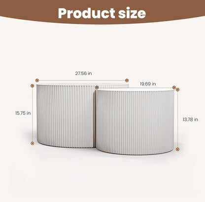 Round Nesting Coffee Table Wood Drum Nesting Tables Modern Stacking Coffee Table Set of 2 Fluted