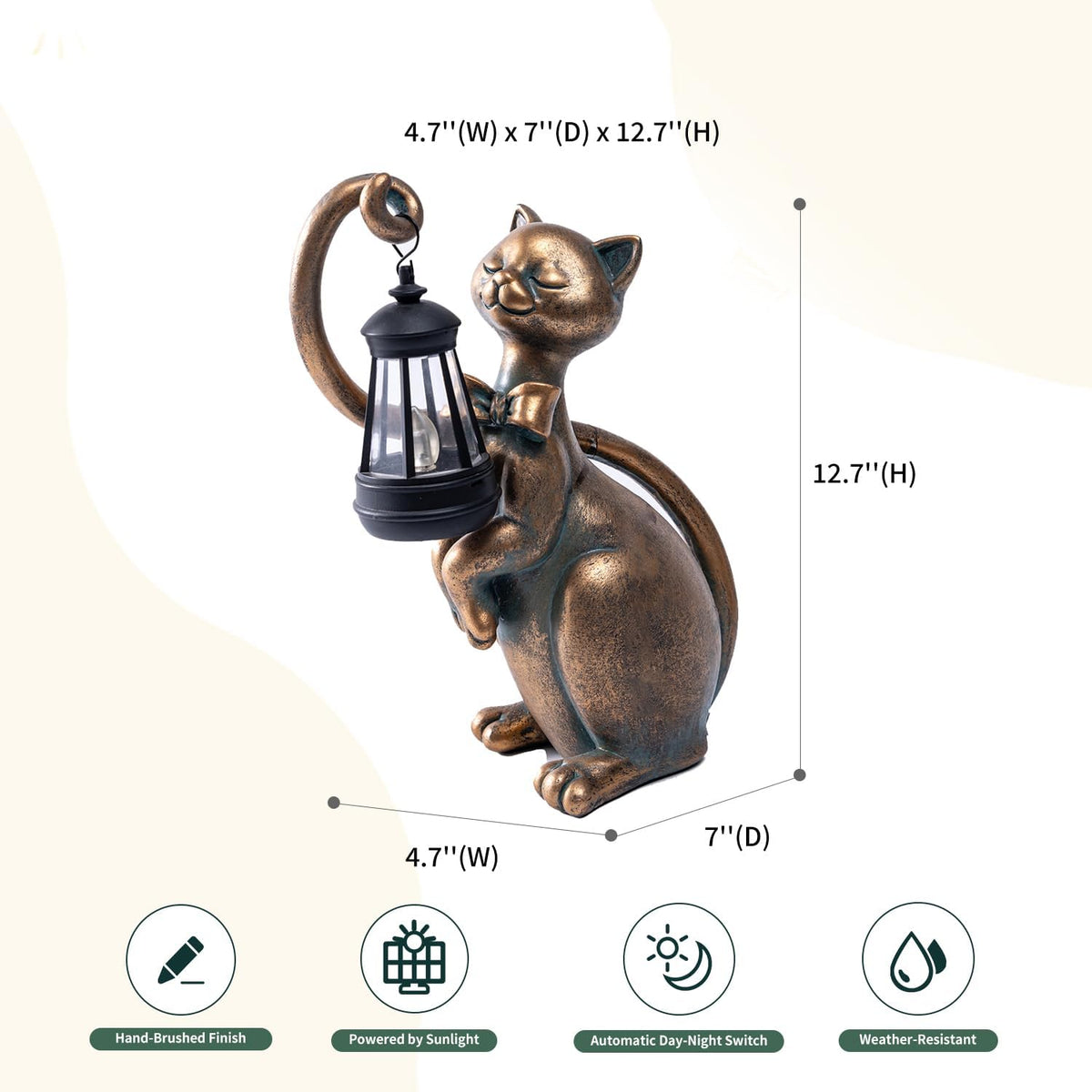 WHIMSYNOOK 10.7" Bronze Cat Solar Garden Statue Light – Cute Kitty Design, Bronze Finish
