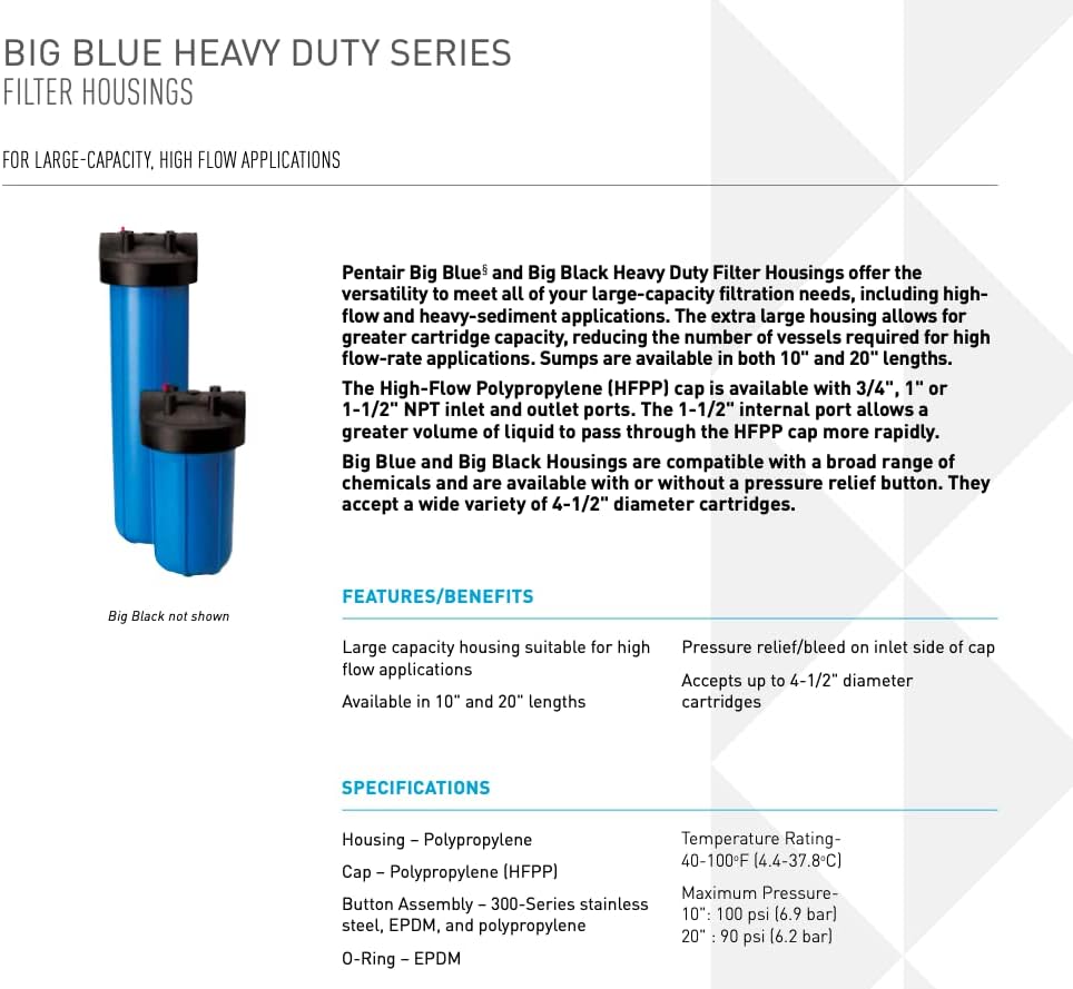 Pentair Pentek 150234 Big Blue Filter Housing, 1" NPT #20 Whole House Heavy Duty Water Filter