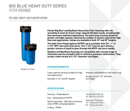 Pentair Pentek 150238 Big Blue Filter Housing, 1" NPT #10 Whole House Heavy Duty Water Filter