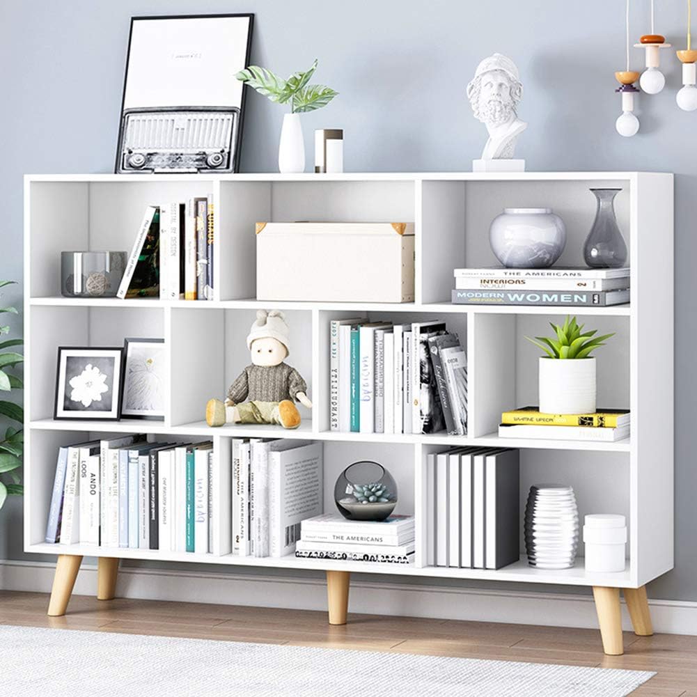 IOTXY Wooden Open Shelf Bookcase - 3-Tier Floor Standing Display Cabinet Rack with Legs, 10 Cubes