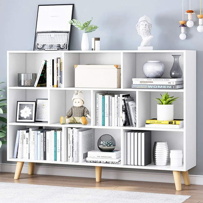 IOTXY Wooden Open Shelf Bookcase - 3-Tier Floor Standing Display Cabinet Rack with Legs, 10 Cubes