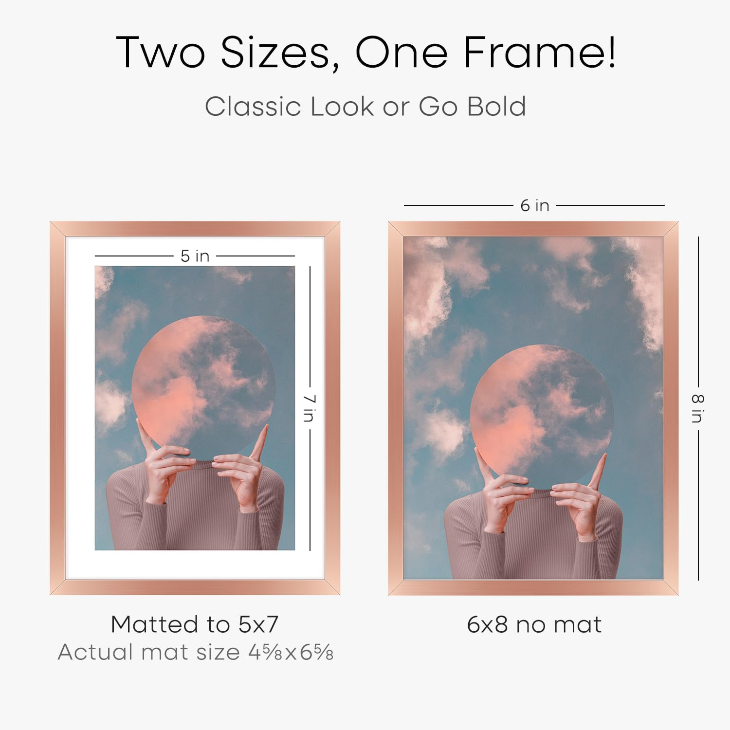 Homeforia Rose Gold 6x8 Picture Frame, High End Metal 6 x 8 Frames with Mat 5 x 7 for Print, 6by8