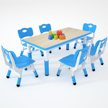 Kids Study Table and 6 Chairs Set,Height Adjustable Table and Chairs for Children and