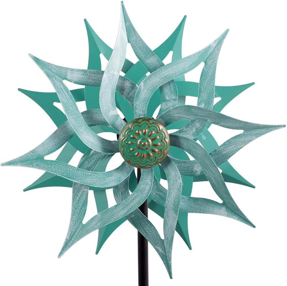 Viveta Metal Wind Spinners,53.5" Kinetic Wind Sculptures,Green Garden Pinwheels Double Layer