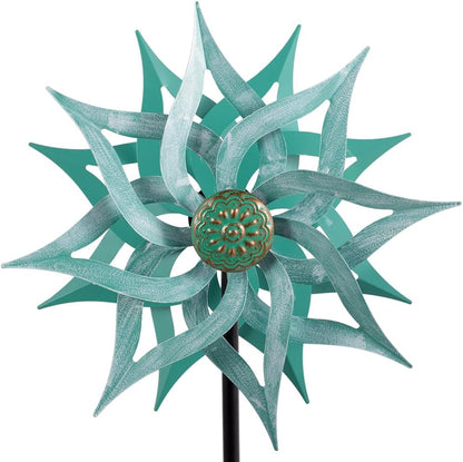 Viveta Metal Wind Spinners,53.5" Kinetic Wind Sculptures,Green Garden Pinwheels Double Layer