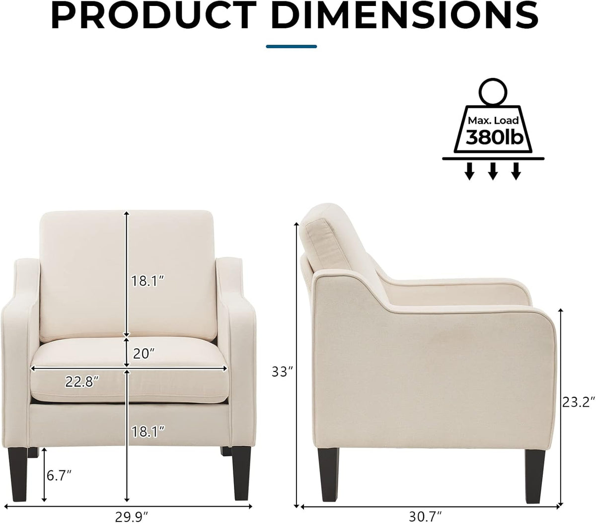 VINGLI Mid Century Modern Accent Chair, Beige Fabric Accent Chairs for Living Room Upholstered