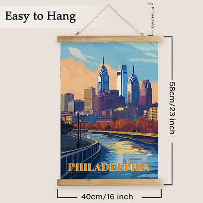 WREVERW Vintage Philadelphia Poster Canvas Print with Wooden Hanger Frame, Featuring Skyline and