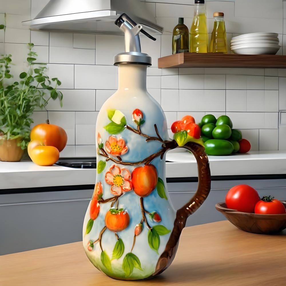 18.26oz/540ml Ceramics Olive Oil Dispenser Bottle,Hand Painted Reliefs Oil Dispenser for